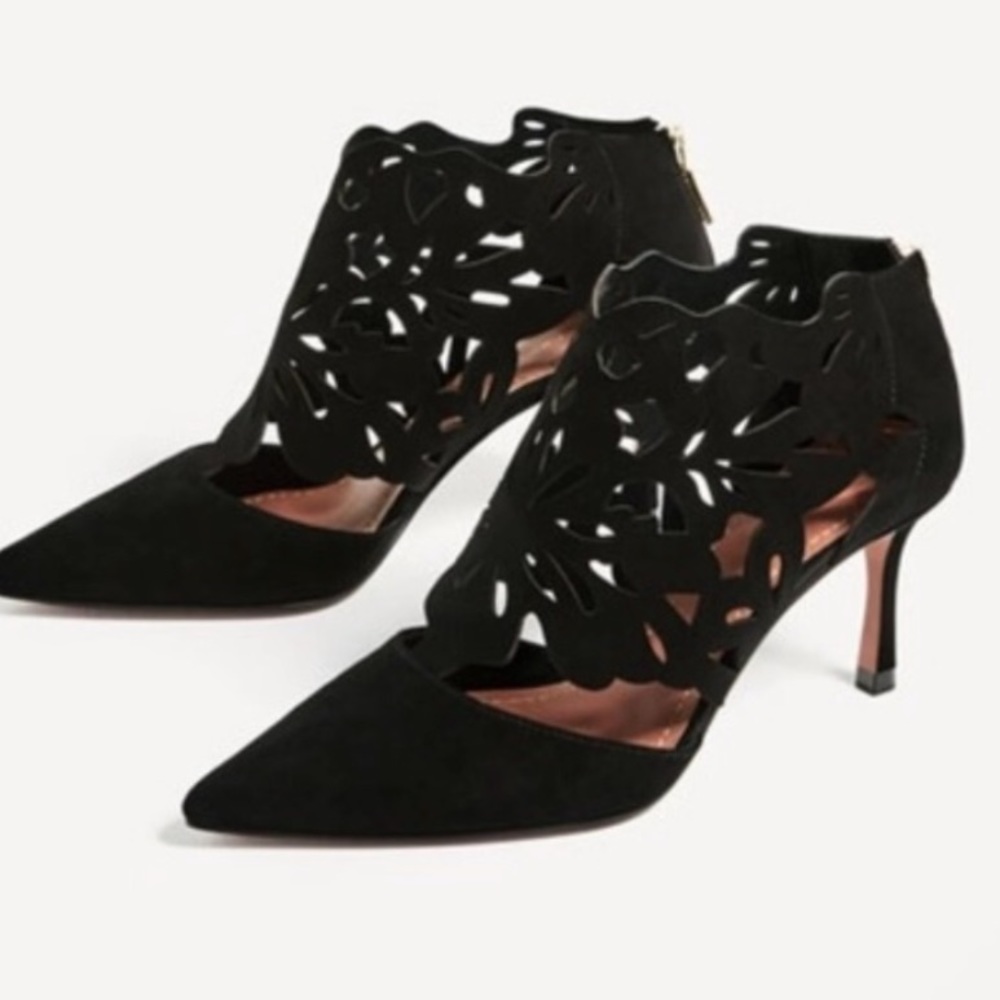 ZARA LASER CUT SUEDE WRAP AROUND HEELS BOOTIES